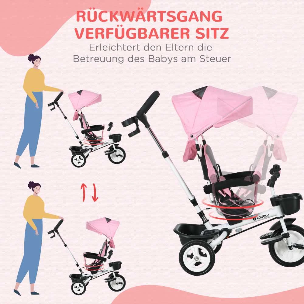 HOMCOM 2in1 triratukas su stūmimo rankena, vaikiškas triratukas, saugos diržas, sulankstomas, stogelis nuo saulės, puodelio laikiklis, krepšelis, pedalai, 1-5 metai, rožinis
