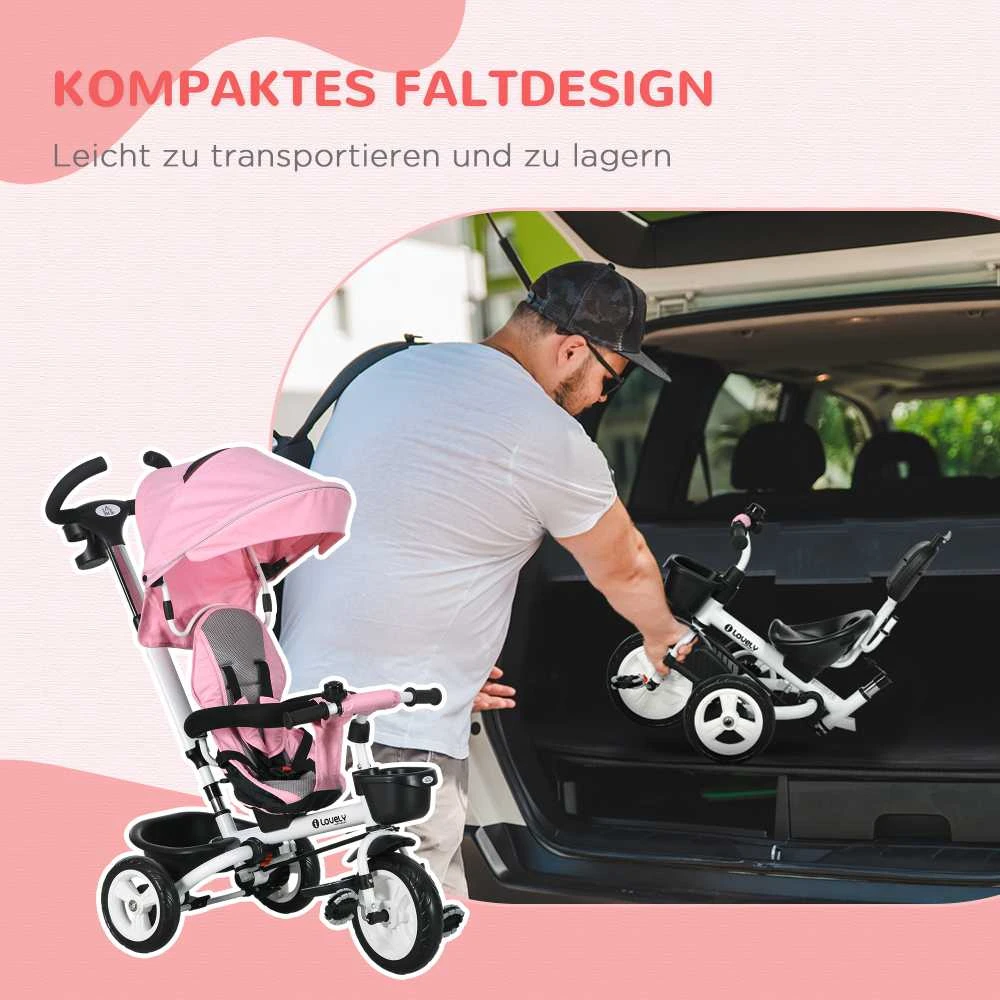 HOMCOM 2in1 triratukas su stūmimo rankena, vaikiškas triratukas, saugos diržas, sulankstomas, stogelis nuo saulės, puodelio laikiklis, krepšelis, pedalai, 1-5 metai, rožinis