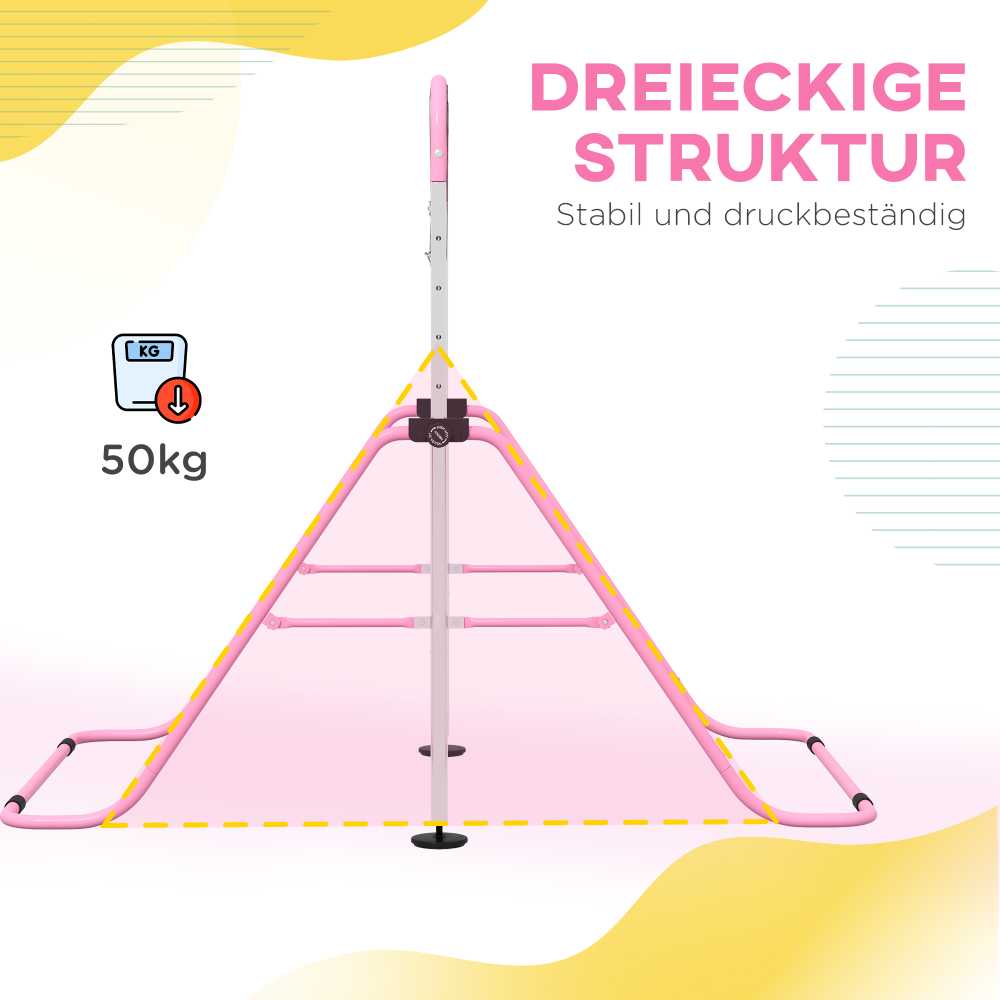"HOMCOM" Vaikų gimnastikos horizontalioji lazda 5 pakopų reguliuojamo aukščio horizontalioji lazda horizontalioji lazda su gimnastikos žiedais, skirta naudoti patalpose, iki 50 kg apkrovos, plieninė rožinė