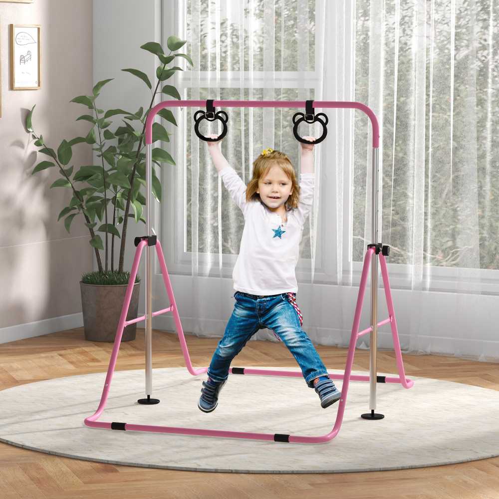 "HOMCOM" Vaikų gimnastikos horizontalioji lazda 5 pakopų reguliuojamo aukščio horizontalioji lazda horizontalioji lazda su gimnastikos žiedais, skirta naudoti patalpose, iki 50 kg apkrovos, plieninė rožinė