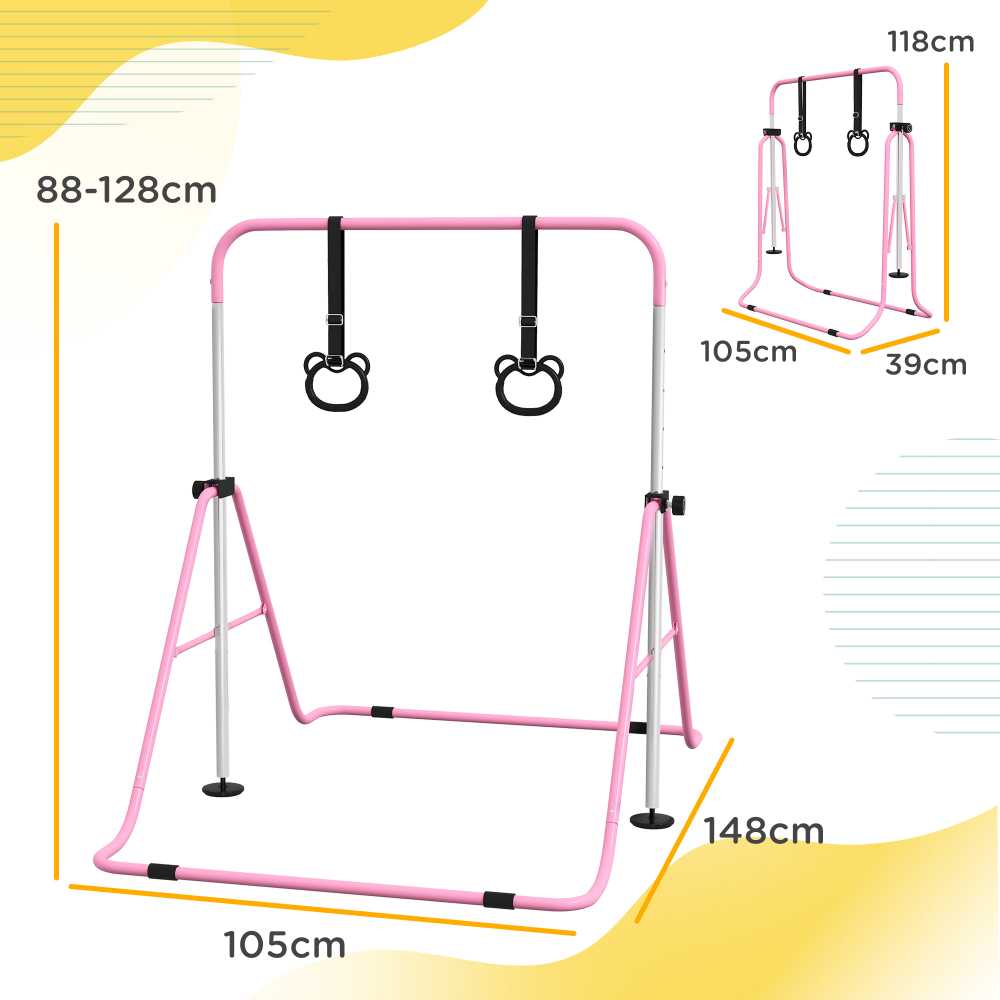 "HOMCOM" Vaikų gimnastikos horizontalioji lazda 5 pakopų reguliuojamo aukščio horizontalioji lazda horizontalioji lazda su gimnastikos žiedais, skirta naudoti patalpose, iki 50 kg apkrovos, plieninė rožinė