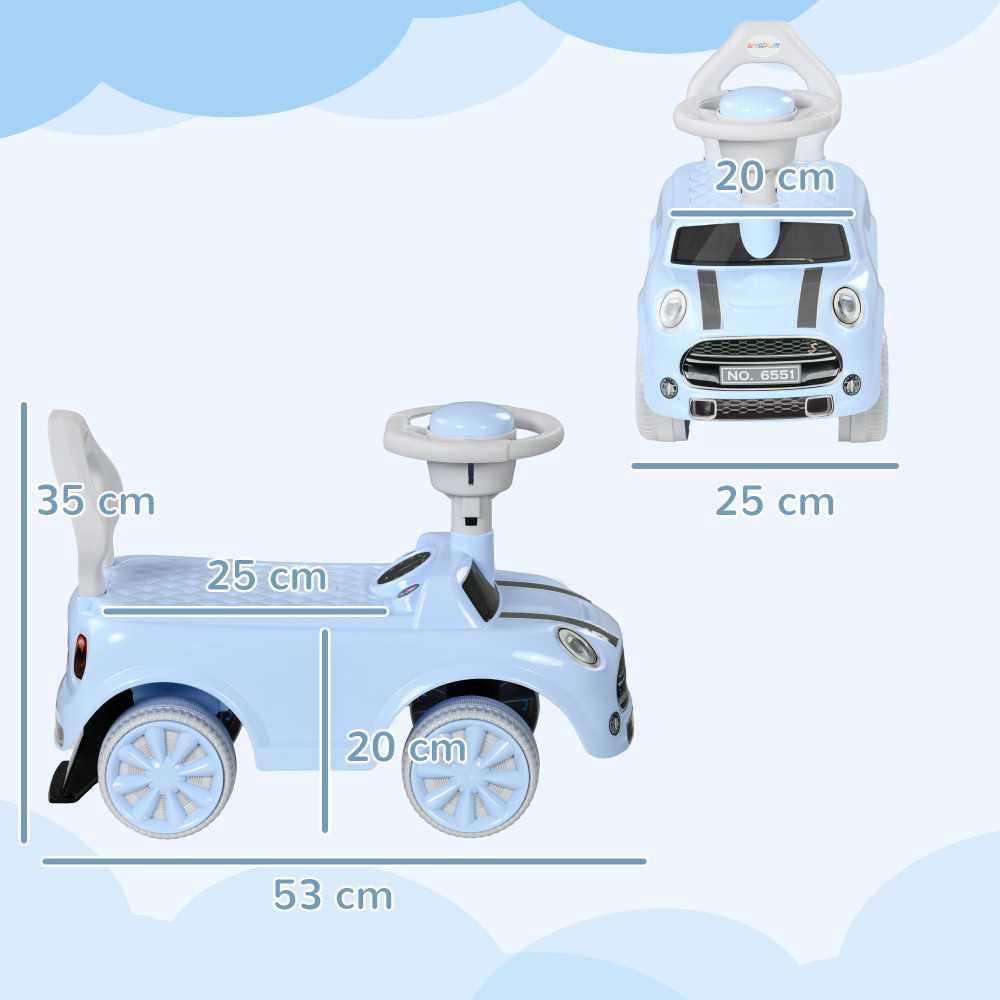 AIYAPLAY vaikiškas paspirtukas-mašinėlė, transporto priemonė su apsauga nuo apvirtimo, šviesiai mėlyna, 53 x 25 x 35 cm | Aosom