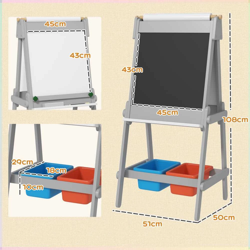 AIYAPLAY 3-in-1 vaikiška lenta, dvipusė vaikiška molbertas su kreidos lenta, magnetine lenta, molbertas su trintuku, piešimo popieriumi, laikymo dėžėmis, vaikams nuo 3 iki 8 metų, pilka