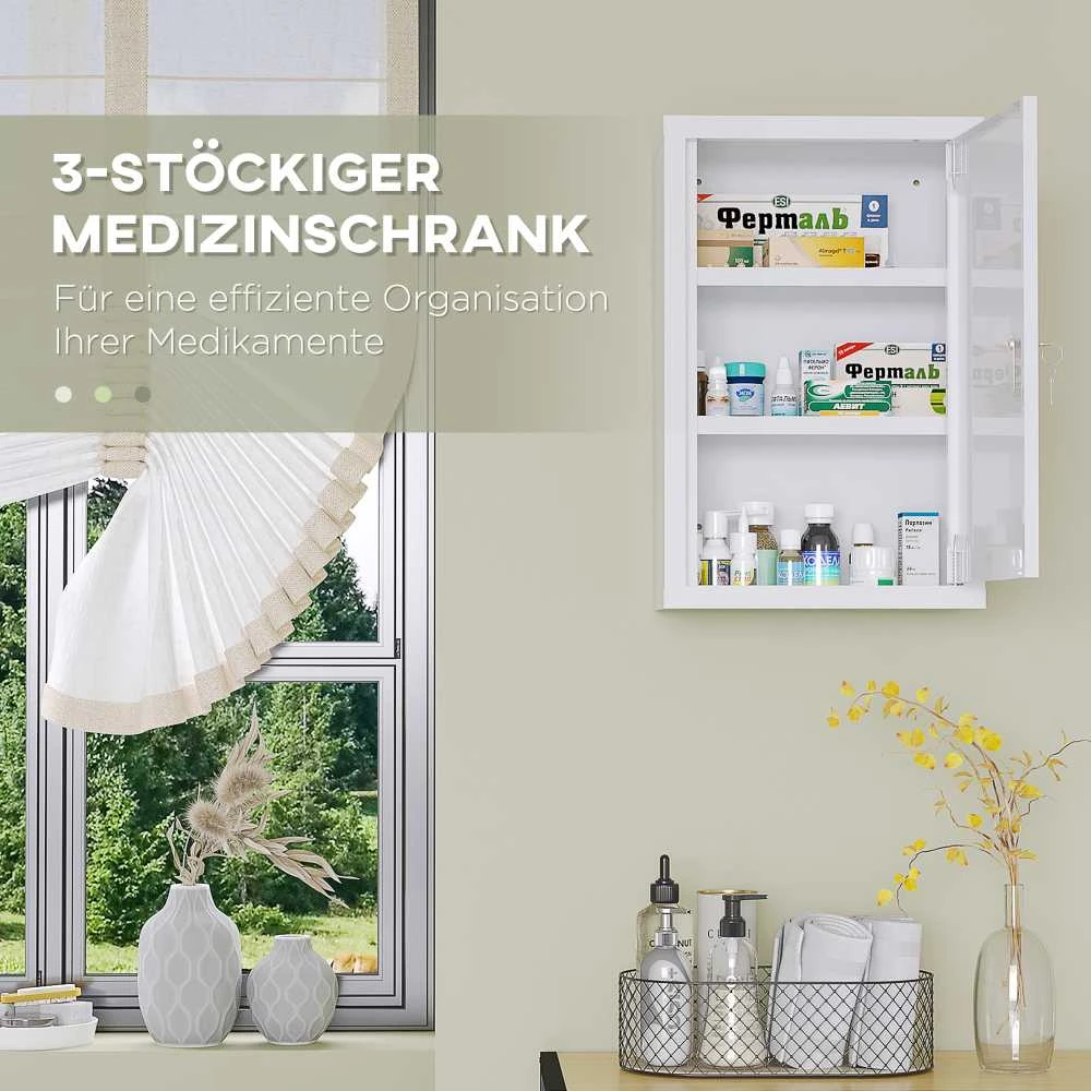 kleankin vaistinėlė, medicininė spintelė, rakinama vaistų spintelė su 3 lentynomis ir 2 raktais, plieninė, balta, 30 x 14 x 46 cm