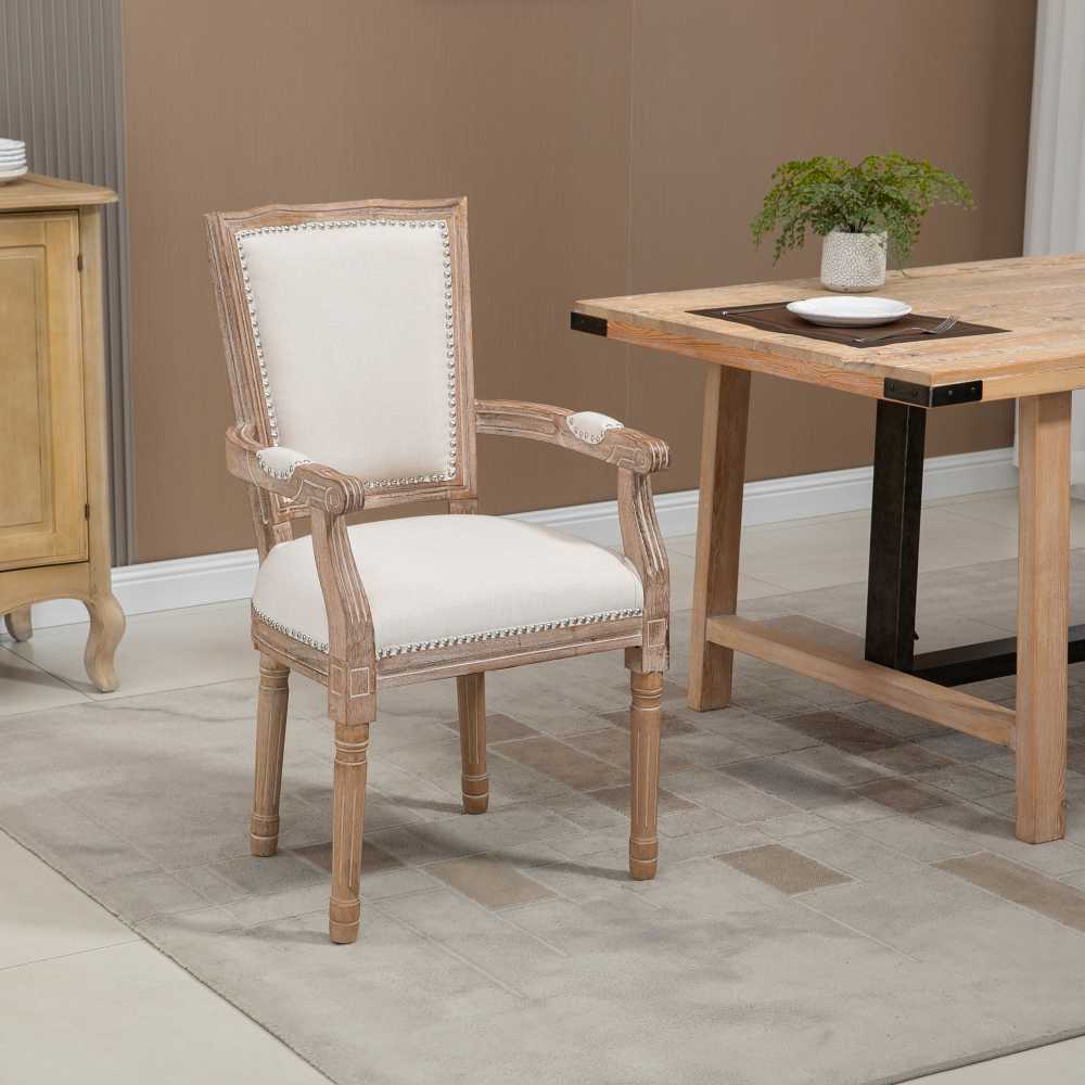 HOMCOM valgomojo kėdė, virtuvinė kėdė su porankiais ir lininiu audiniu, vintažinio stiliaus minkšta kėdė, iki 150 kg, 59x63,5x96 cm