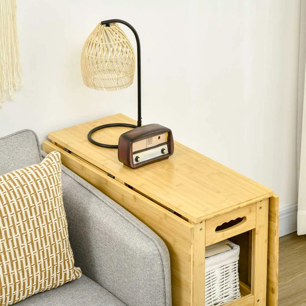 HOMCOM sulankstomas valgomojo stalas, virtuvės stalas su lentynomis ir reguliuojamomis kojomis, kaimiško stiliaus, bambukinis, natūralaus medžio spalvos, 149,5 x 80 x 73,5 cm