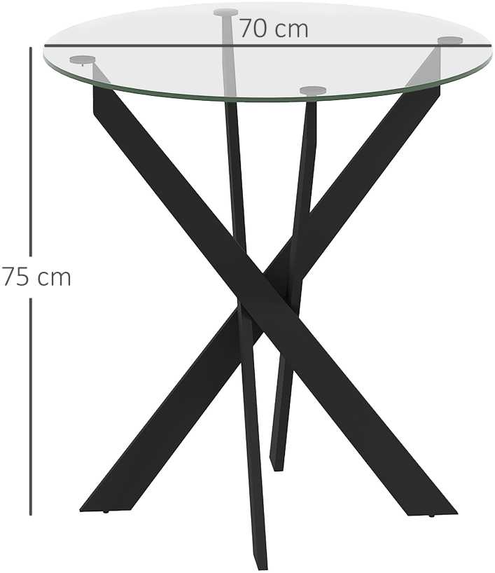 HOMCOM valgomojo stalas, apvalus virtuvės stalas 4 asmenims, pietų stalas su plieninėmis kojomis, grūdinto stiklo stalviršis, skirtas valgomajam, virtuvei, Ø70 x 75 cm, modernus dizainas, juodas+skaidrus
