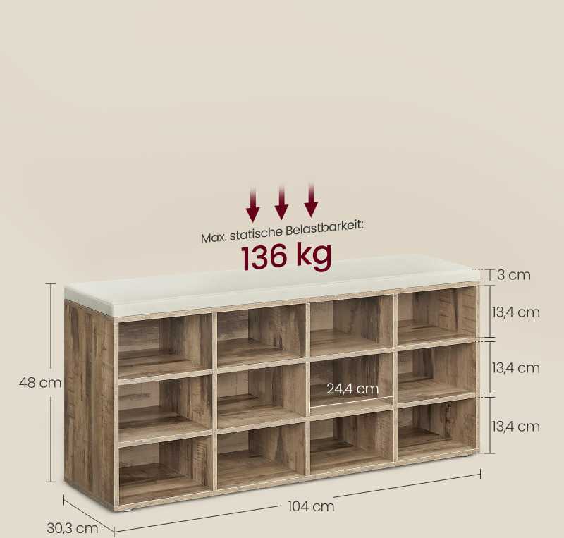 Vasagle Batų lentyna su sėdyne 30,3 x 104 x 48 cm kupranugario rudos spalvos