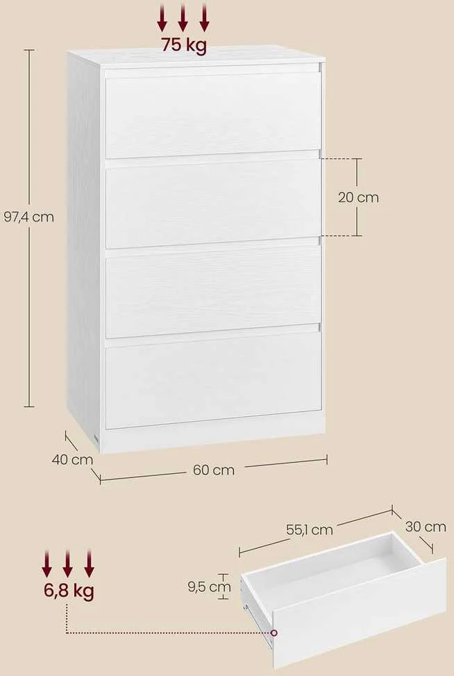 Songmics Komoda su keturiais stalčiais 40x60x97,4 cm