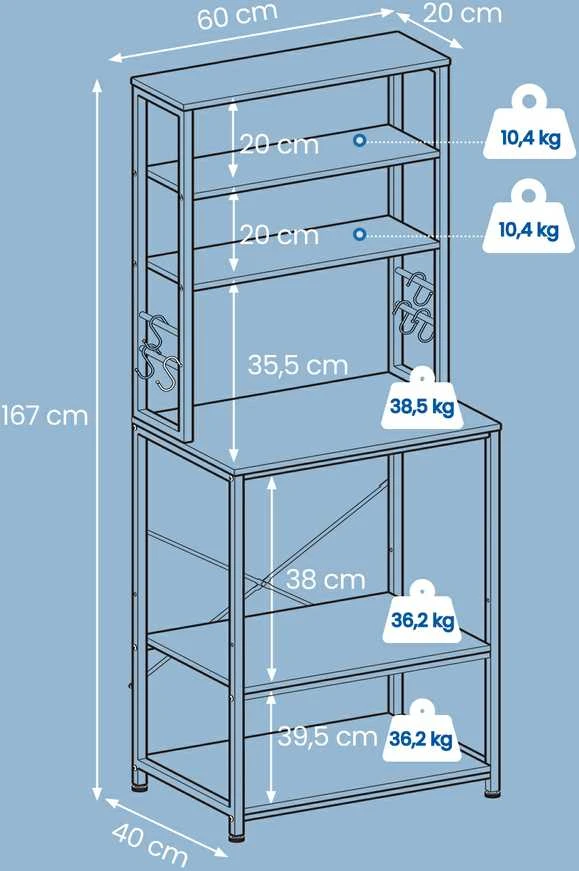 Songmics Vasagle Stovinti virtuvės lentyna, stovinti lentyna mikrobangų krosnelėms, 6 lentynų lygiai ir 6 kabliukai