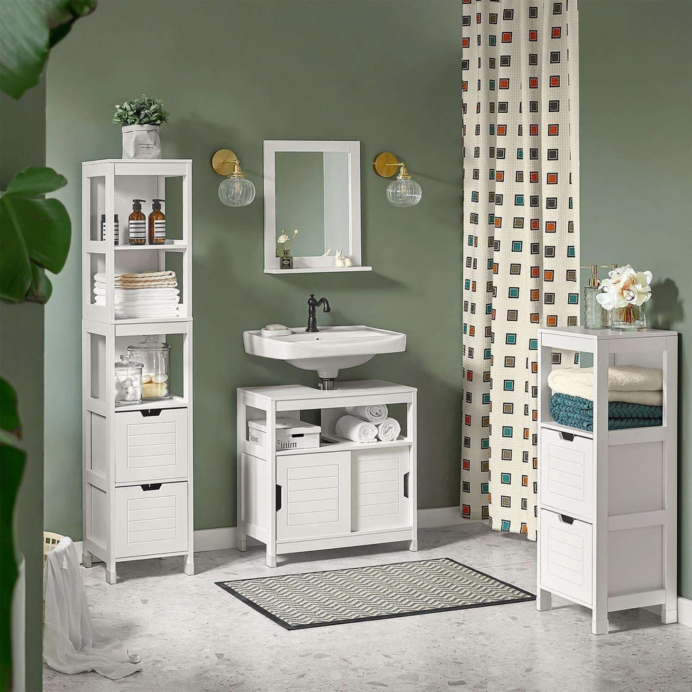 SoBuy veidrodis su lentyna, vonios baldas, baltas, FRG129-W