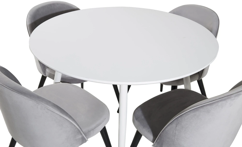 Venture Design Apskritas stalas, Plaza, 100 cm, Balta+Valgomasis kėdė, Sametas, 57x76.5x50 cm, Šviesiai pilka