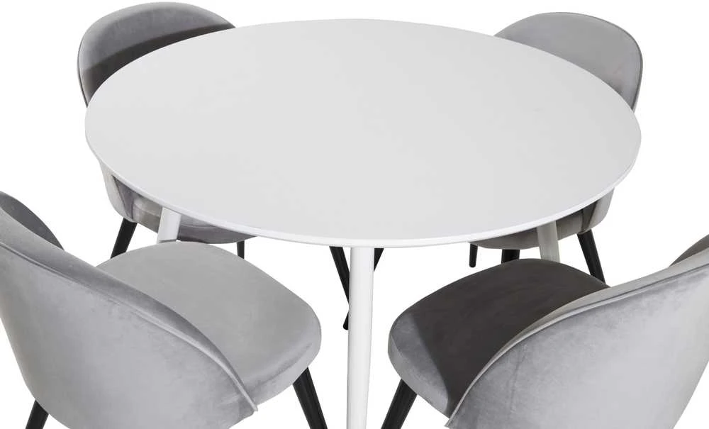 Venture Design Apskritas stalas, Plaza, 100 cm, Balta+Valgomasis kėdė, Sametas, 57x76.5x50 cm, Šviesiai pilka