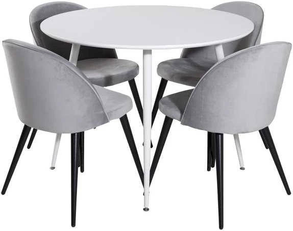 Venture Design Apskritas stalas, Plaza, 100 cm, Balta+Valgomasis kėdė, Sametas, 57x76.5x50 cm, Šviesiai pilka