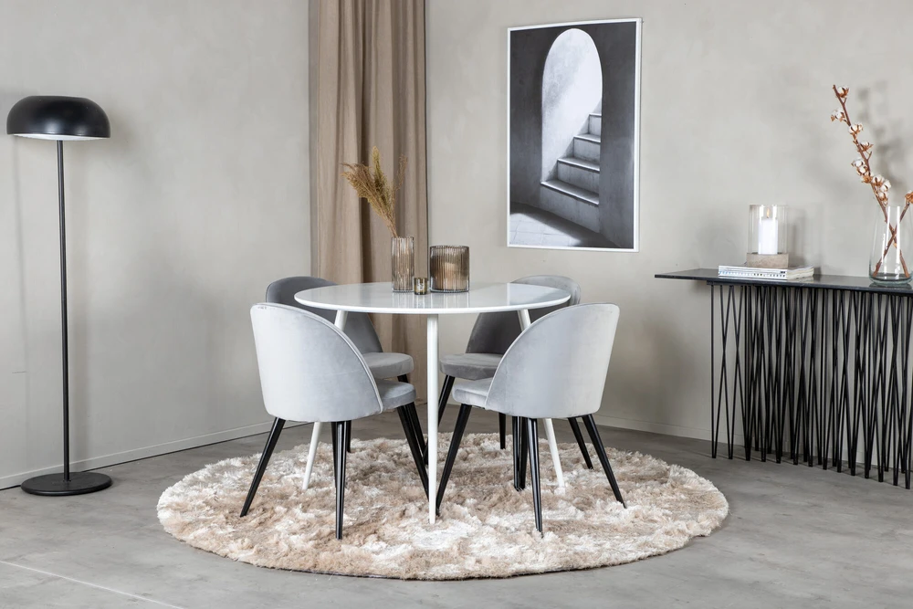 Venture Design Apskritas stalas, Plaza, 100 cm, Balta+Valgomasis kėdė, Sametas, 57x76.5x50 cm, Šviesiai pilka