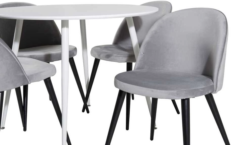Venture Design Apskritas stalas, Plaza, 100 cm, Balta+Valgomasis kėdė, Sametas, 57x76.5x50 cm, Šviesiai pilka