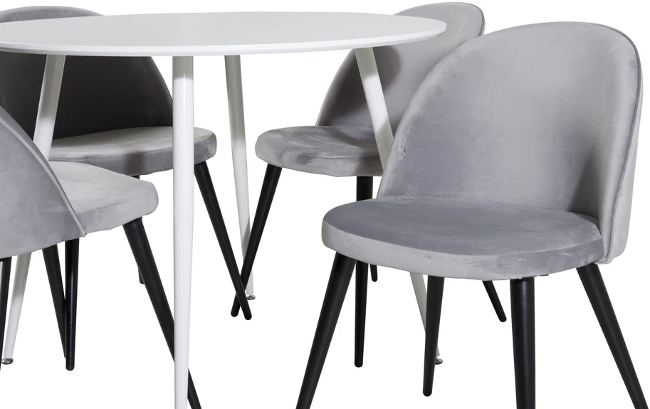 Venture Design Apskritas stalas, Plaza, 100 cm, Balta+Valgomasis kėdė, Sametas, 57x76.5x50 cm, Šviesiai pilka