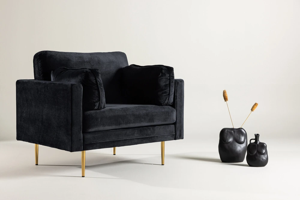 Venture Design Fotelis, Boom vieno sėdynės kėdė iš aksomo, 86x84x110 cm, Juoda
