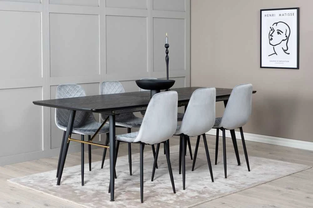 Venture Design Ištempiamas stalas, auksinis, 180x85 cm, juodas, valgomasis kėdė, Polar Diamond, 86x44 cm, pilka
