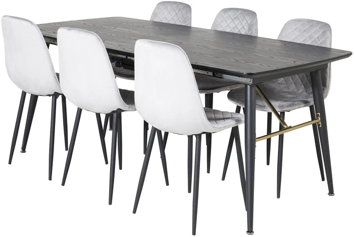 Venture Design Ištempiamas stalas, auksinis, 180x85 cm, juodas, valgomasis kėdė, Polar Diamond, 86x44 cm, pilka