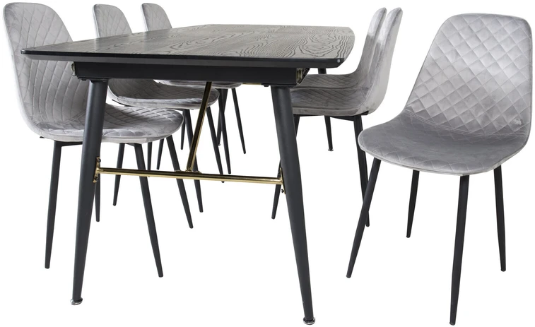 Venture Design Ištempiamas stalas, auksinis, 180x85 cm, juodas, valgomasis kėdė, Polar Diamond, 86x44 cm, pilka