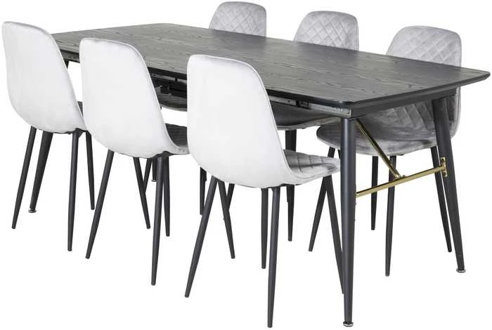 Venture Design Ištempiamas stalas, auksinis, 180x85 cm, juodas, valgomasis kėdė, Polar Diamond, 86x44 cm, pilka