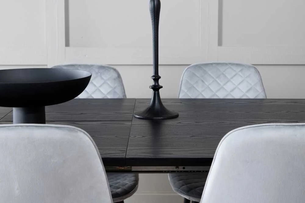 Venture Design Ištempiamas stalas, auksinis, 180x85 cm, juodas, valgomasis kėdė, Polar Diamond, 86x44 cm, pilka
