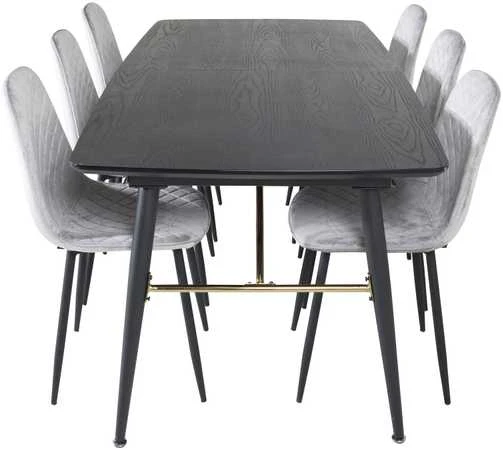 Venture Design Ištempiamas stalas, auksinis, 180x85 cm, juodas, valgomasis kėdė, Polar Diamond, 86x44 cm, pilka