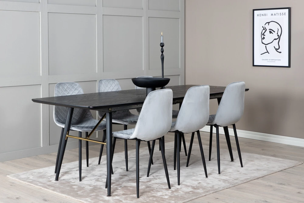 Venture Design Ištempiamas stalas, auksinis, 180x85 cm, juodas, valgomasis kėdė, Polar Diamond, 86x44 cm, pilka