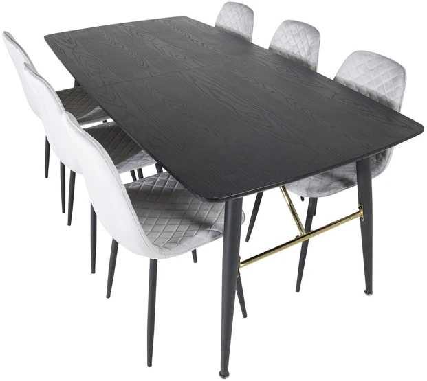 Venture Design Ištempiamas stalas, auksinis, 180x85 cm, juodas, valgomasis kėdė, Polar Diamond, 86x44 cm, pilka