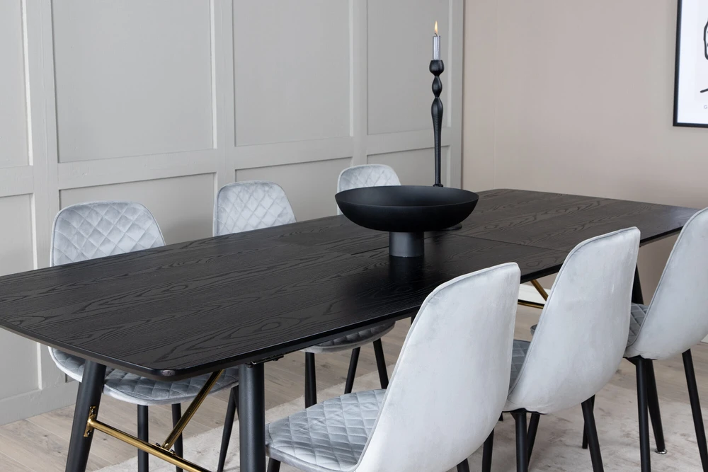 Venture Design Ištempiamas stalas, auksinis, 180x85 cm, juodas, valgomasis kėdė, Polar Diamond, 86x44 cm, pilka