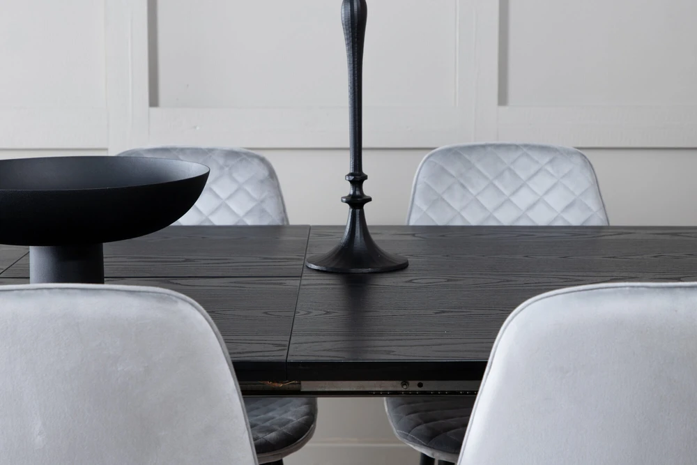 Venture Design Ištempiamas stalas, auksinis, 180x85 cm, juodas, valgomasis kėdė, Polar Diamond, 86x44 cm, pilka