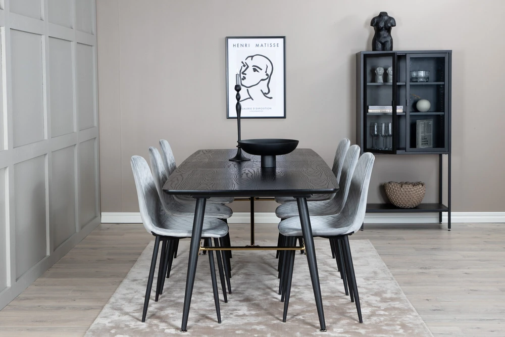 Venture Design Ištempiamas stalas, auksinis, 180x85 cm, juodas, valgomasis kėdė, Polar Diamond, 86x44 cm, pilka