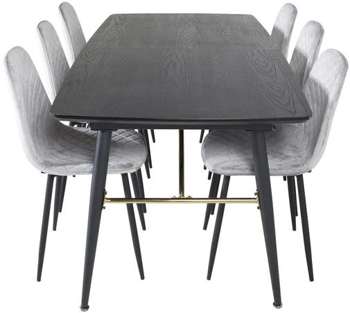 Venture Design Ištempiamas stalas, auksinis, 180x85 cm, juodas, valgomasis kėdė, Polar Diamond, 86x44 cm, pilka