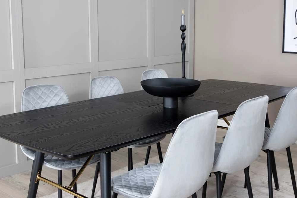 Venture Design Ištempiamas stalas, auksinis, 180x85 cm, juodas, valgomasis kėdė, Polar Diamond, 86x44 cm, pilka