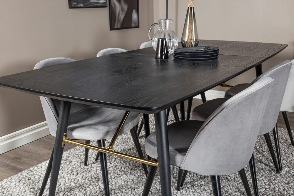 Venture Design Ištraukiamas stalas, auksinis, 180x85 cm, juodas + Veltinio valgomasis kėdė, šviesiai pilka, 76.5x50 cm, juoda