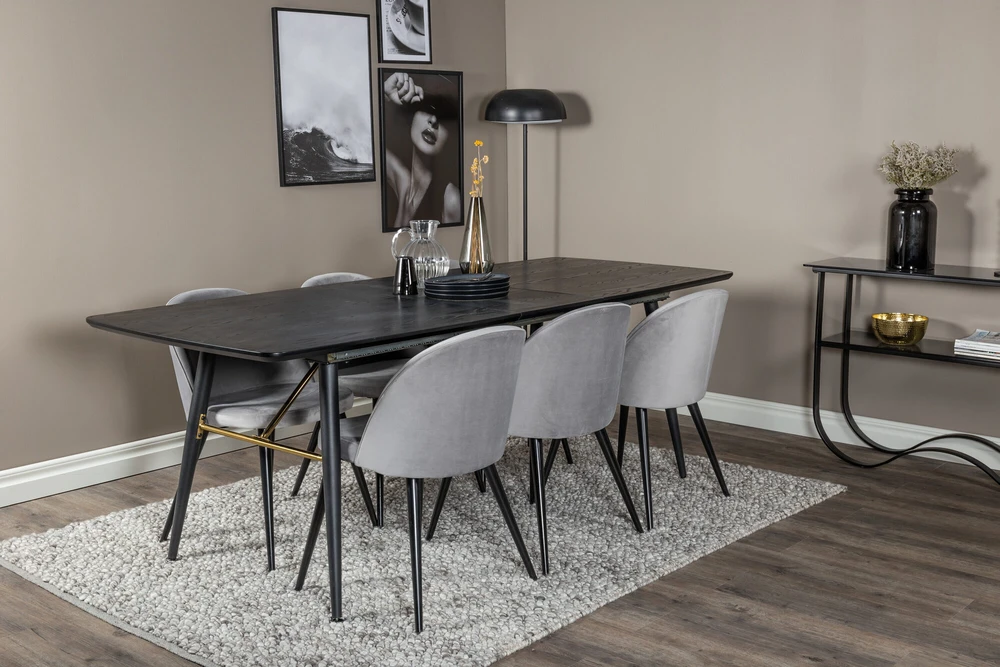 Venture Design Ištraukiamas stalas, auksinis, 180x85 cm, juodas + Veltinio valgomasis kėdė, šviesiai pilka, 76.5x50 cm, juoda