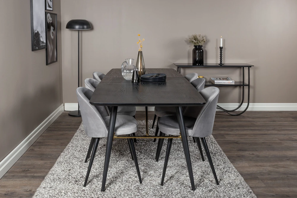 Venture Design Ištraukiamas stalas, auksinis, 180x85 cm, juodas + Veltinio valgomasis kėdė, šviesiai pilka, 76.5x50 cm, juoda