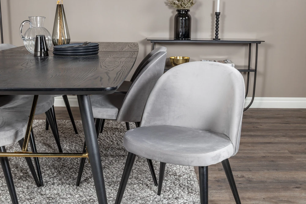 Venture Design Ištraukiamas stalas, auksinis, 180x85 cm, juodas + Veltinio valgomasis kėdė, šviesiai pilka, 76.5x50 cm, juoda