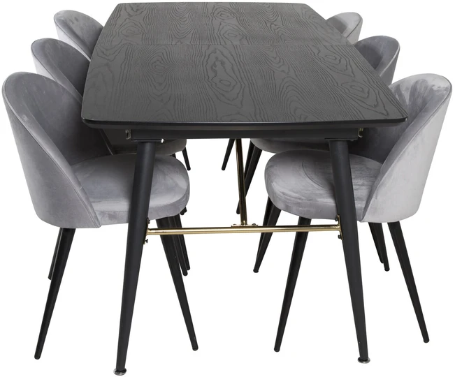 Venture Design Ištraukiamas stalas, auksinis, 180x85 cm, juodas + Veltinio valgomasis kėdė, šviesiai pilka, 76.5x50 cm, juoda