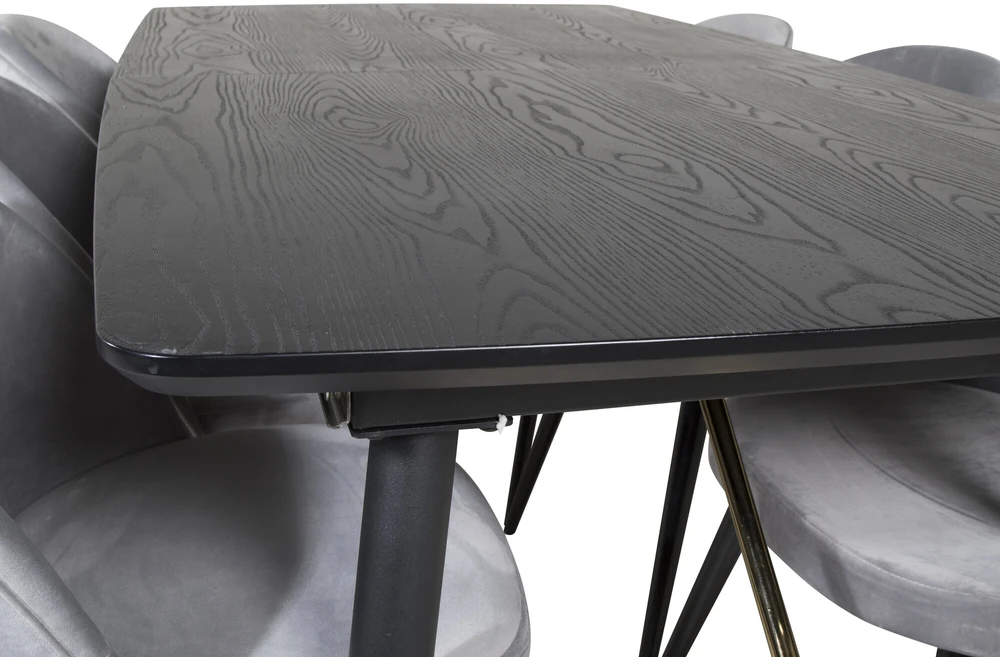 Venture Design Ištraukiamas stalas, auksinis, 180x85 cm, juodas + Veltinio valgomasis kėdė, šviesiai pilka, 76.5x50 cm, juoda