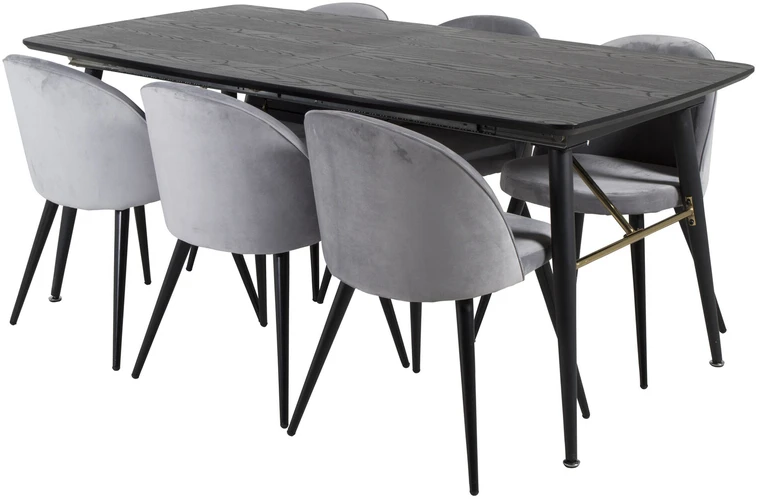 Venture Design Ištraukiamas stalas, auksinis, 180x85 cm, juodas + Veltinio valgomasis kėdė, šviesiai pilka, 76.5x50 cm, juoda
