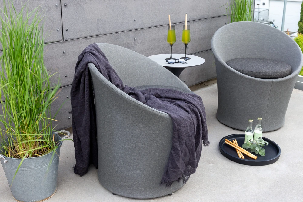 Venture Design Poilsio komplektas, Spoga, Stalas: ⌀40 cm Kėdė: D:58 A:73 P:67 cm Sofa: D:58 A:73 P:67 cm, Pilka