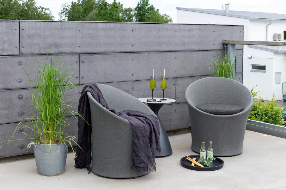 Venture Design Poilsio komplektas, Spoga, Stalas: ⌀40 cm Kėdė: D:58 A:73 P:67 cm Sofa: D:58 A:73 P:67 cm, Pilka