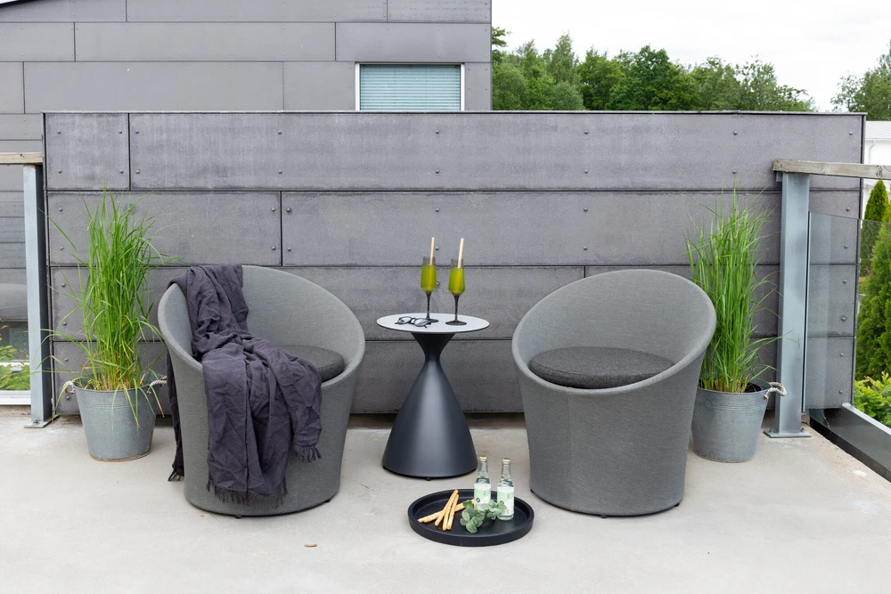 Venture Design Poilsio komplektas, Spoga, Stalas: ⌀40 cm Kėdė: D:58 A:73 P:67 cm Sofa: D:58 A:73 P:67 cm, Pilka
