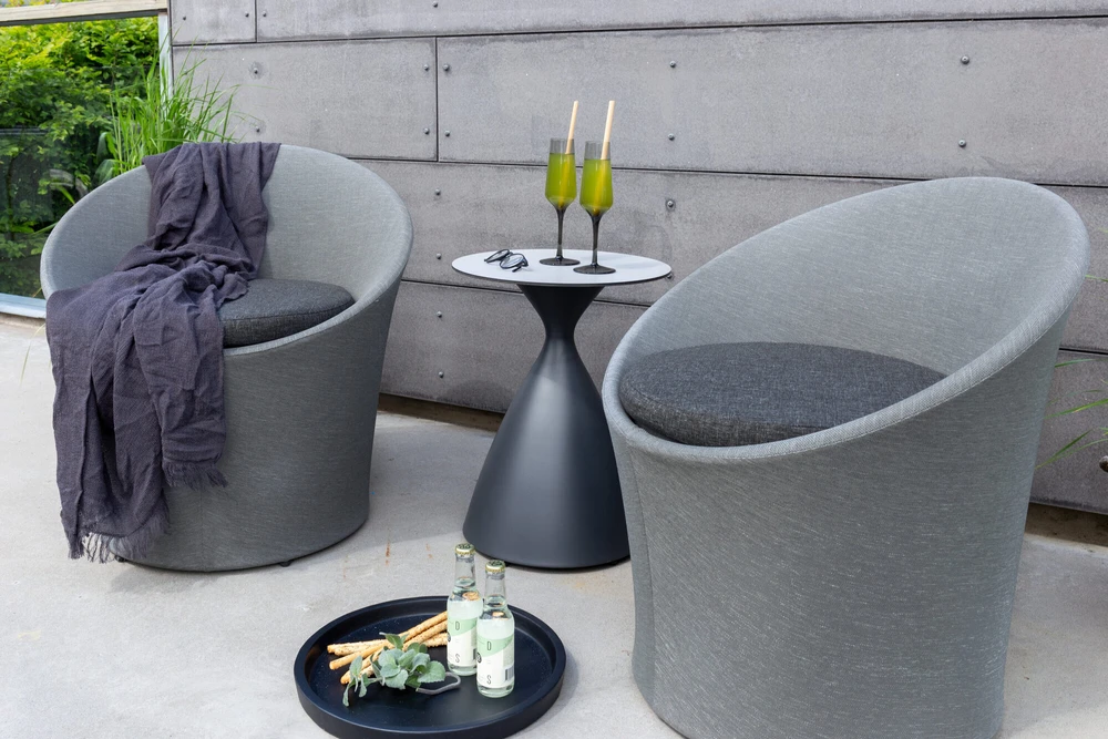 Venture Design Poilsio komplektas, Spoga, Stalas: ⌀40 cm Kėdė: D:58 A:73 P:67 cm Sofa: D:58 A:73 P:67 cm, Pilka