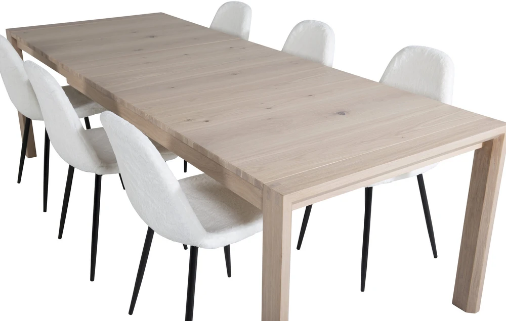 Venture Design Slenkantis išplėtimo stalas, "Polar Fluff" valgomasis kėdė, 75x170x95 cm, Balta