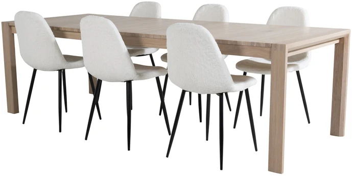 Venture Design Slenkantis išplėtimo stalas, "Polar Fluff" valgomasis kėdė, 75x170x95 cm, Balta