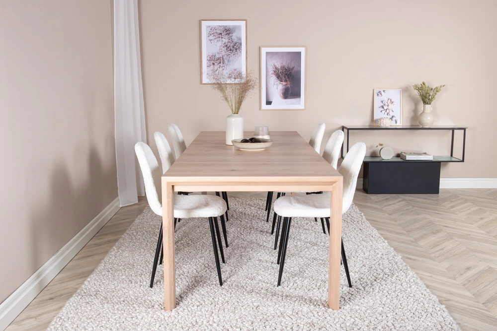 Venture Design Slenkantis išplėtimo stalas, "Polar Fluff" valgomasis kėdė, 75x170x95 cm, Balta
