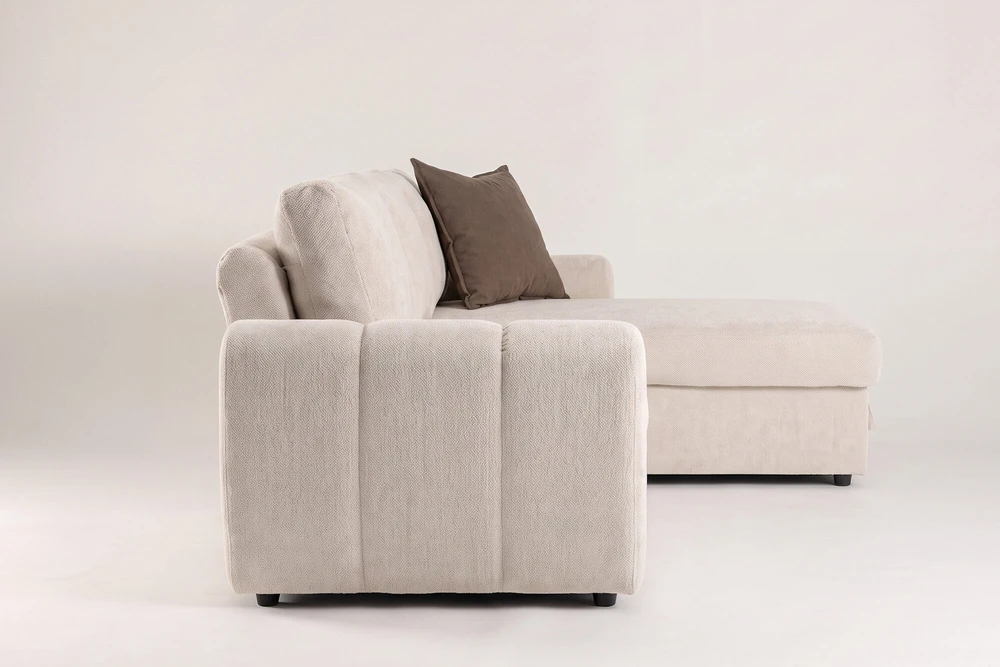 Venture Design sofa-lova Teo, kairiąja gulimąja dalimi, smėlio spalvos
